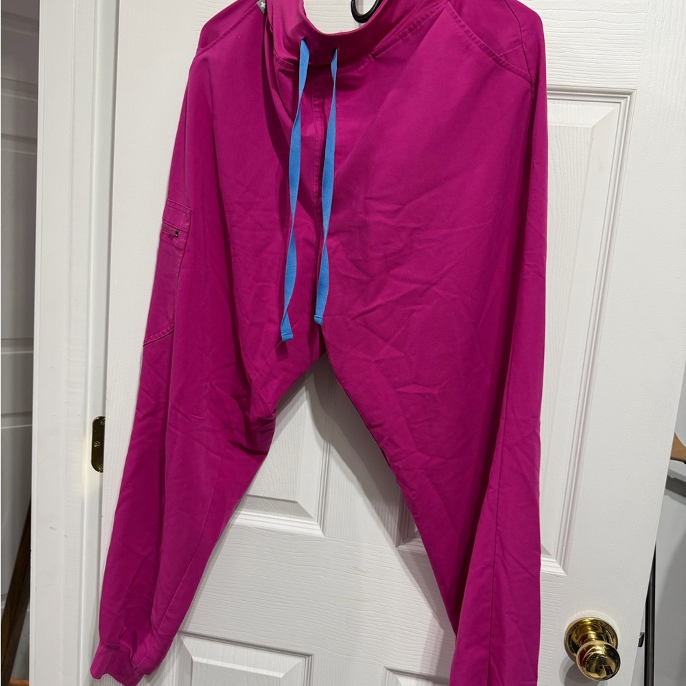 Figs Raspberry Sorbet High Waste scrub pants with Blue Drawstrings